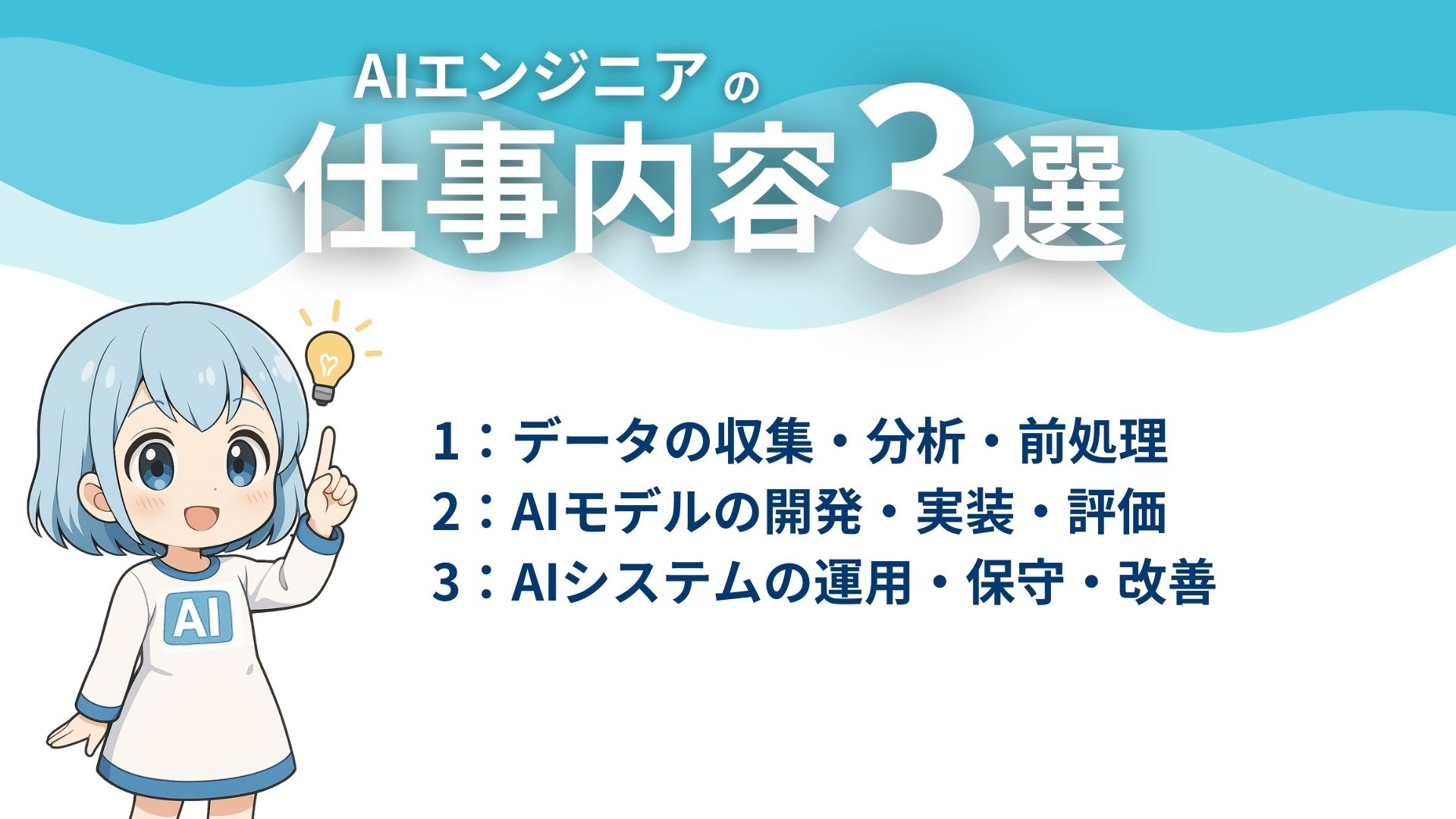 AIエンジニアの仕事内容3選 1：データの収集・分析・前処理 2：AIモデルの開発・実装・評価 3：AIシステムの運用・保守・改善