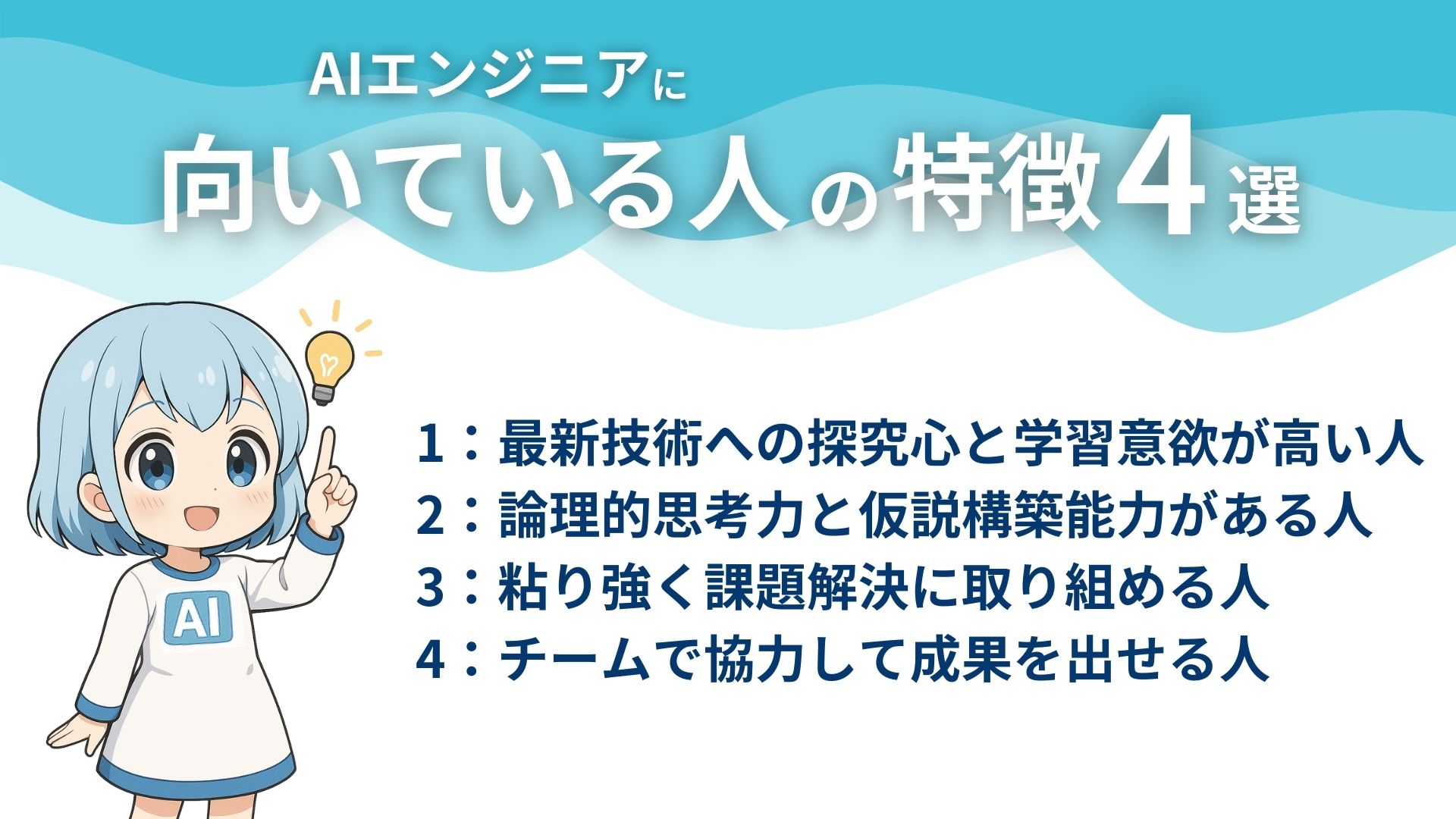 AIエンジニアに向いている人の特徴4選 1：最新技術への探究心と学習意欲が高い人 2：論理的思考力と仮説構築能力がある人 3：粘り強く課題解決に取り組める人 4：チームで協力して成果を出せる人