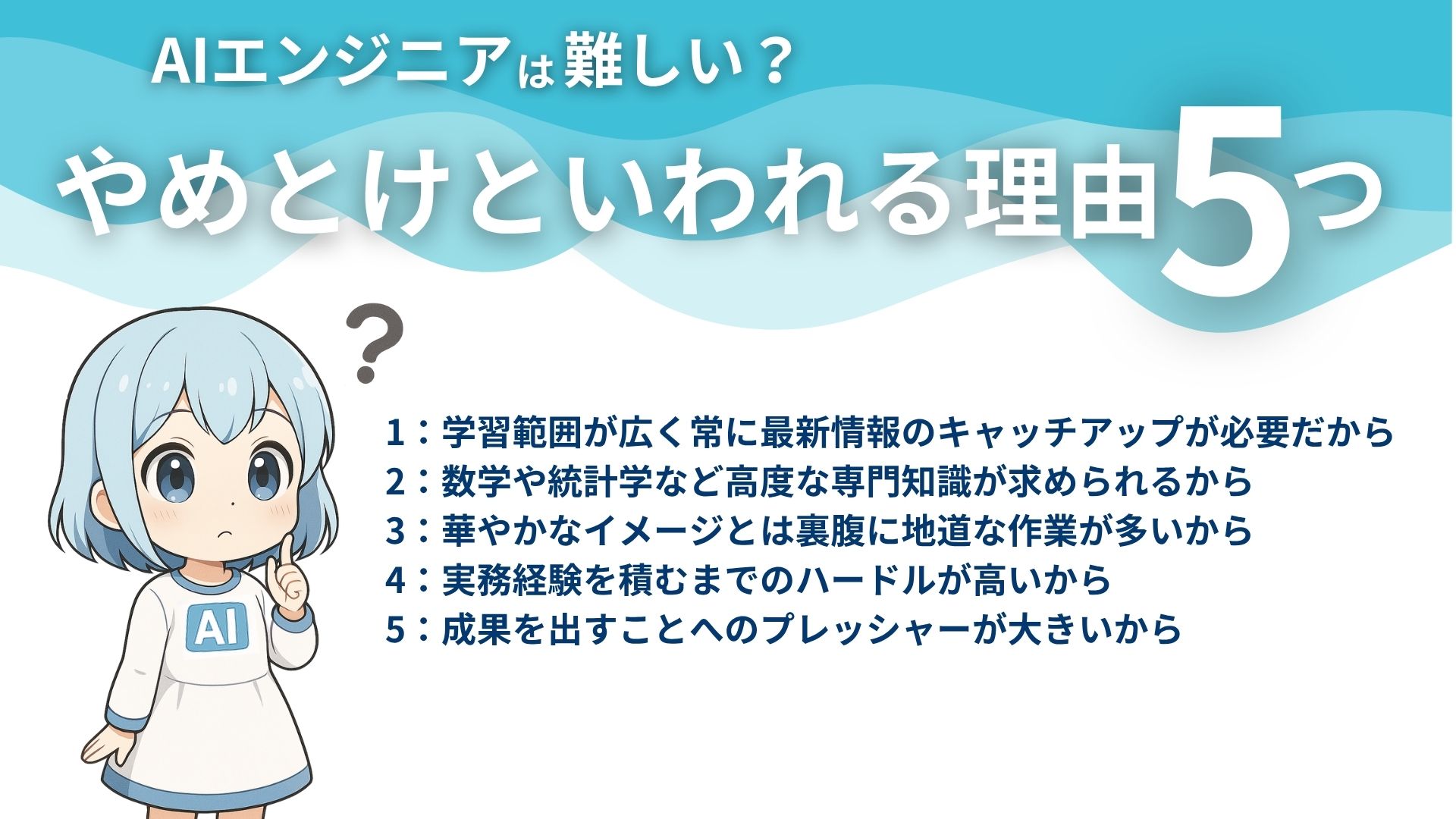 AIエンジニアは難しい？
やめとけといわれる理由5つ
1：学習範囲が広く常に最新情報のキャッチアップが必要だから
2：数学や統計学など高度な専門知識が求められるから
3：華やかなイメージとは裏腹に地道な作業が多いから
4：実務経験を積むまでのハードルが高いから
5：成果を出すことへのプレッシャーが大きいから