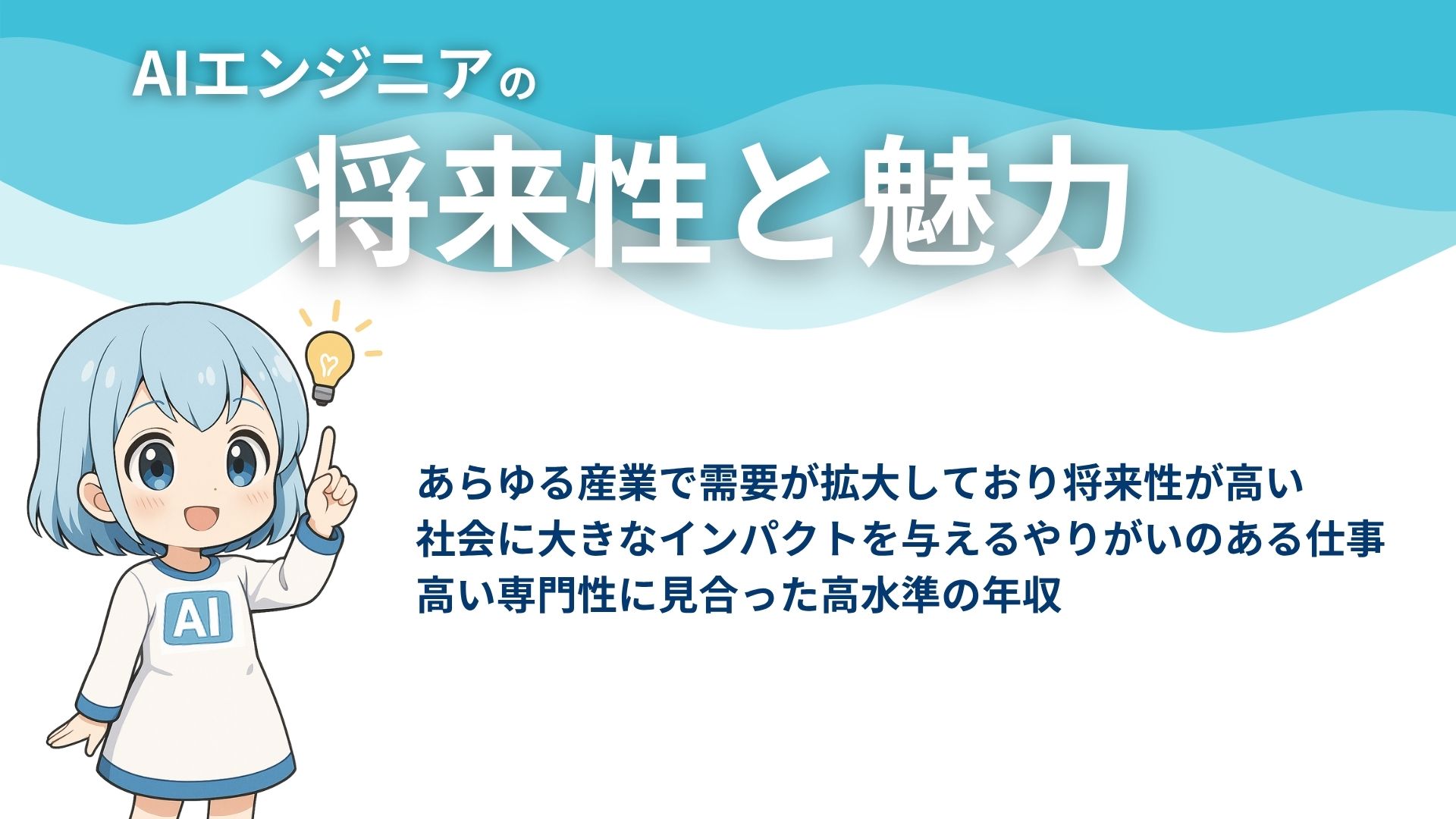 AIエンジニアの将来性と魅力
あらゆる産業で需要が拡大しており将来性が高い
社会に大きなインパクトを与えるやりがいのある仕事
高い専門性に見合った高水準の年収