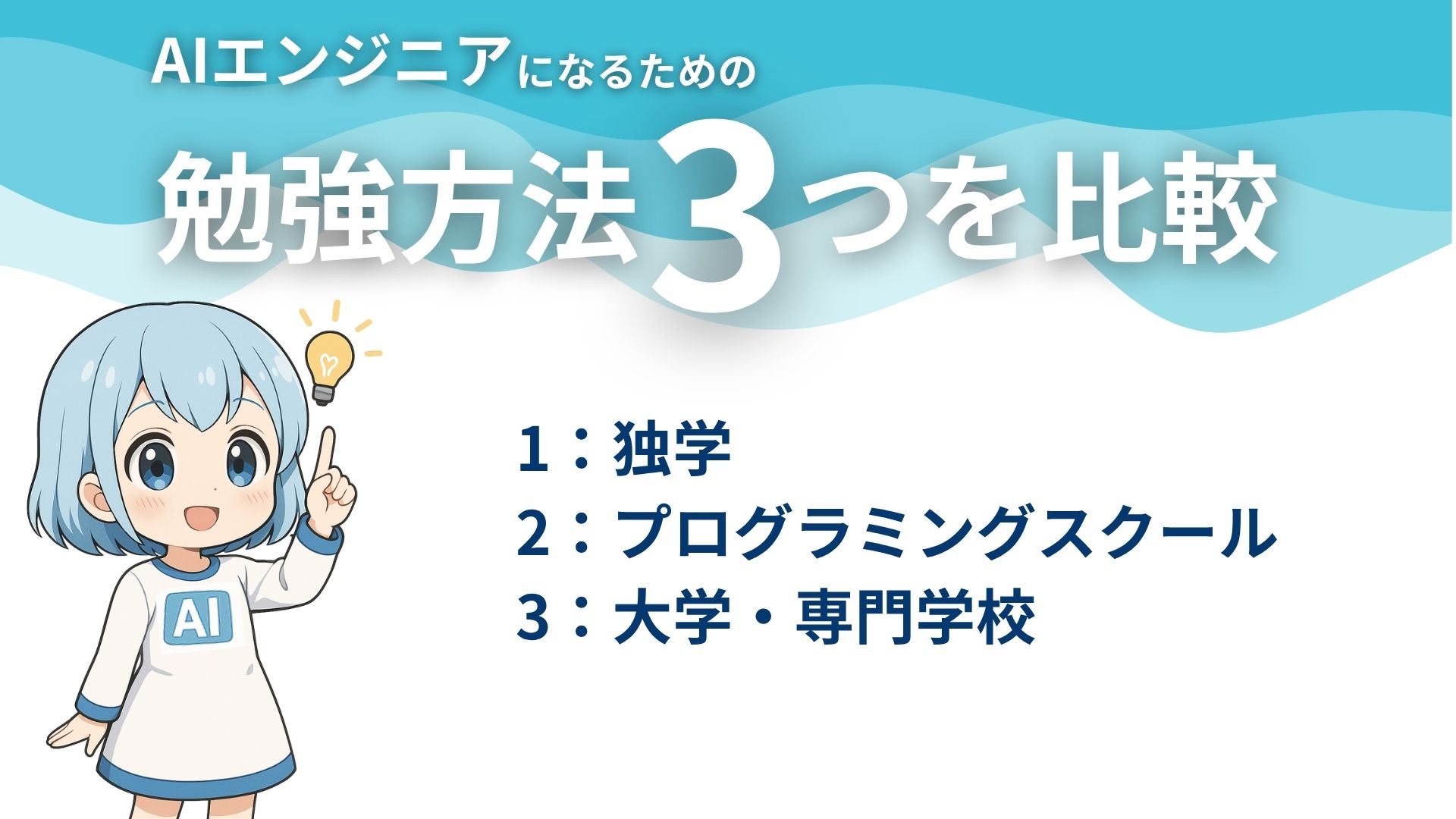 AIエンジニアになるための勉強方法3つを比較
1：独学
2：プログラミングスクール
3：大学・専門学校