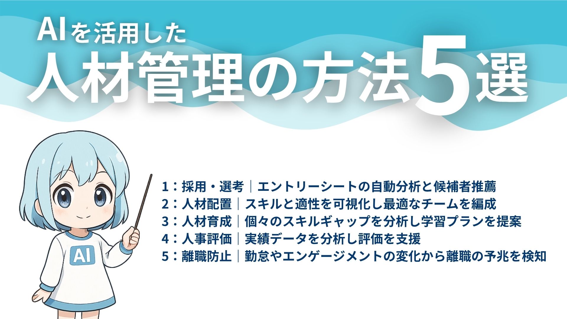AIを活用した人材管理の方法5選
1：採用・選考｜エントリーシートの自動分析と候補者推薦
2：人材配置｜スキルと適性を可視化し最適なチームを編成
3：人材育成｜個々のスキルギャップを分析し学習プランを提案
4：人事評価｜実績データを分析し評価を支援
5：離職防止｜勤怠やエンゲージメントの変化から離職の予兆を検知