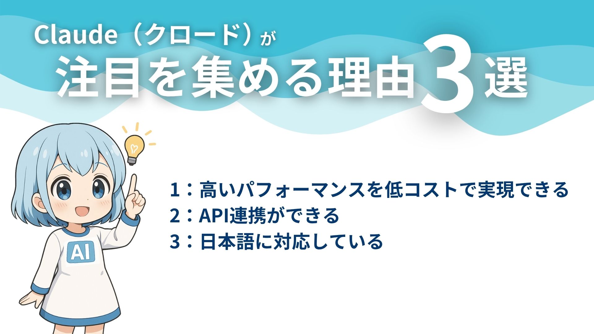 Claude（クロード）が注目を集める理由3選
1：高いパフォーマンスを低コストで実現できる
2：API連携ができる
3：日本語に対応している