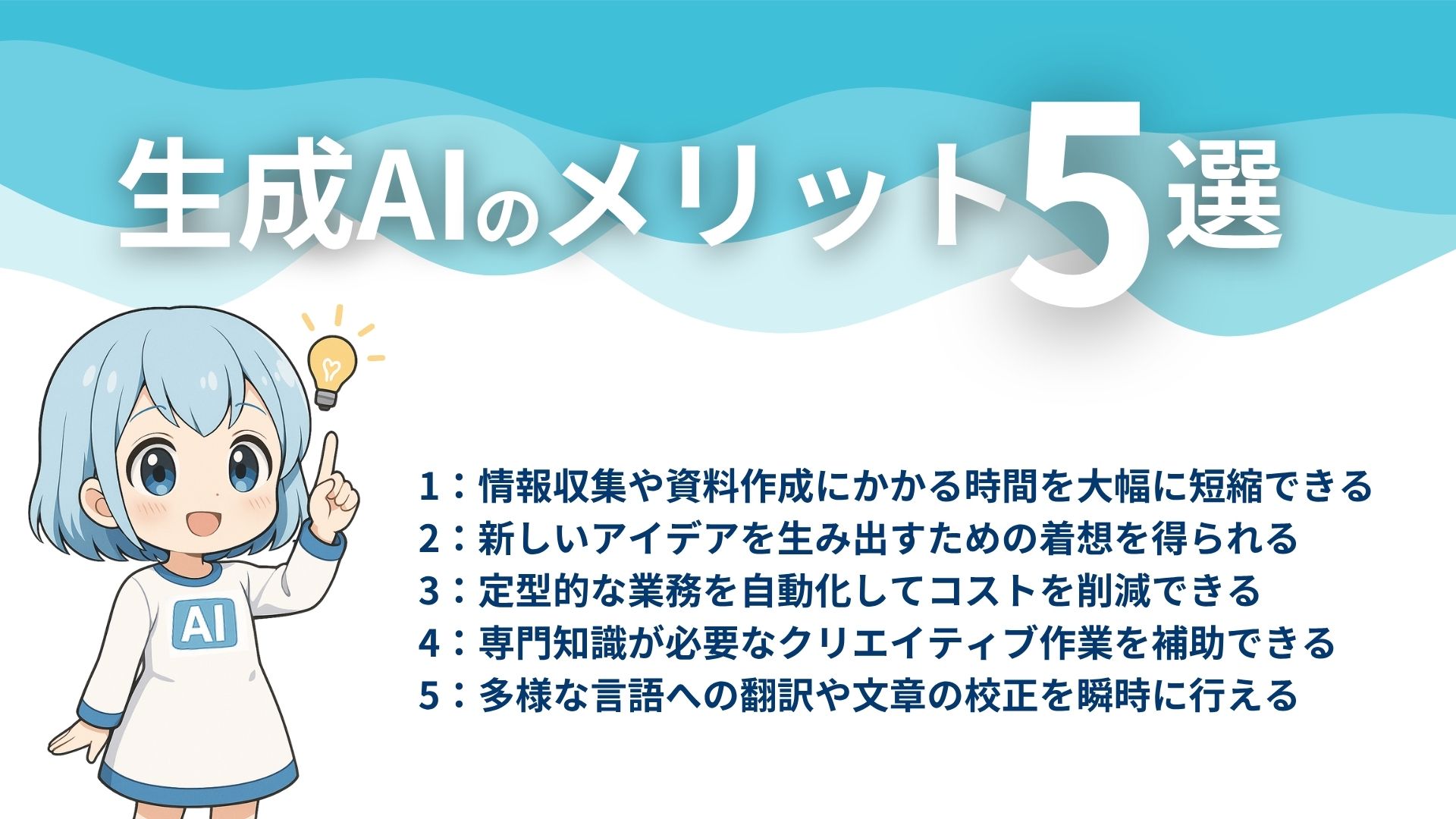 生成AIのメリット5選
1：情報収集や資料作成にかかる時間を大幅に短縮できる
2：新しいアイデアを生み出すための着想を得られる
3：定型的な業務を自動化してコストを削減できる
4：専門知識が必要なクリエイティブ作業を補助できる
5：多様な言語への翻訳や文章の校正を瞬時に行える