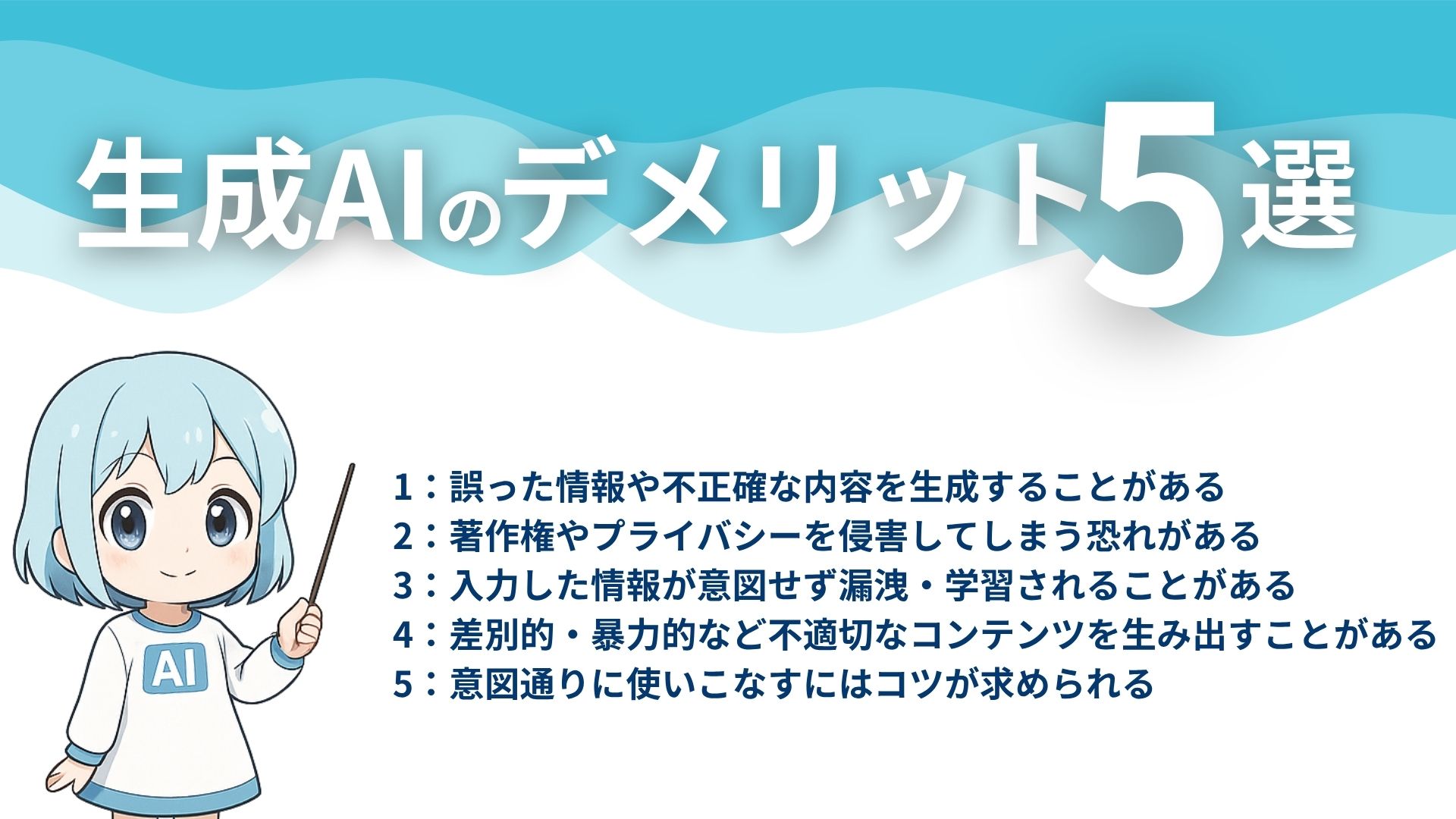 生成AIのデメリット5選
1：誤った情報や不正確な内容を生成することがある
2：著作権やプライバシーを侵害してしまう恐れがある
3：入力した情報が意図せず漏洩・学習されることがある
4：差別的・暴力的など不適切なコンテンツを生み出すことがある
5：意図通りに使いこなすにはコツが求められる