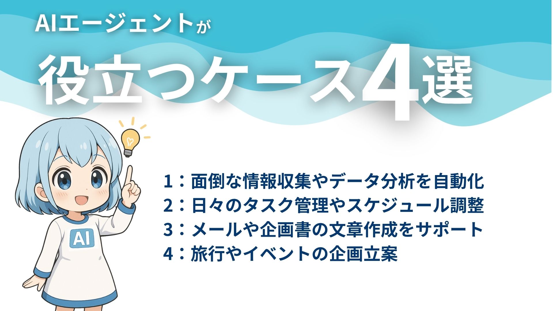 AIエージェントが役立つケース4選
1：面倒な情報収集やデータ分析を自動化
2：日々のタスク管理やスケジュール調整
3：メールや企画書の文章作成をサポート
4：旅行やイベントの企画立案