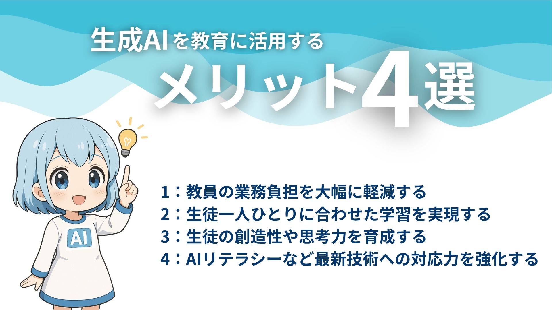 生成AIの教育に活用するメリット4選
1：教員の業務負担を大幅に軽減する
2：生徒一人ひとりに合わせた学習を実現する
3：生徒の創造性や思考力を育成する
4：AIリテラシーなど最新技術への対応力を強化する