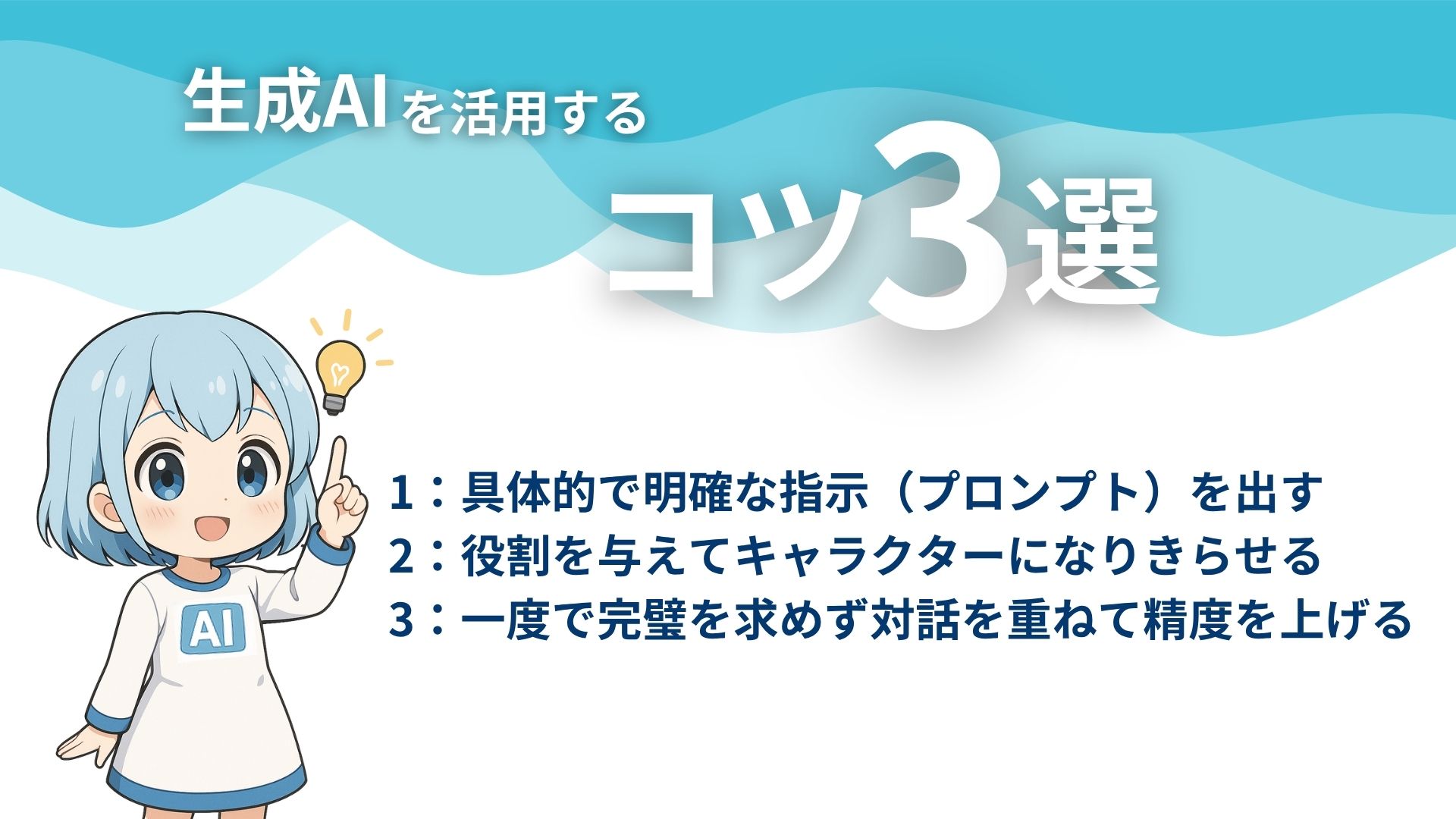 生成AIを活用するコツ3選
1：具体的で明確な指示（プロンプト）を出す
2：役割を与えてキャラクターになりきらせる
3：一度で完璧を求めず対話を重ねて精度を上げる