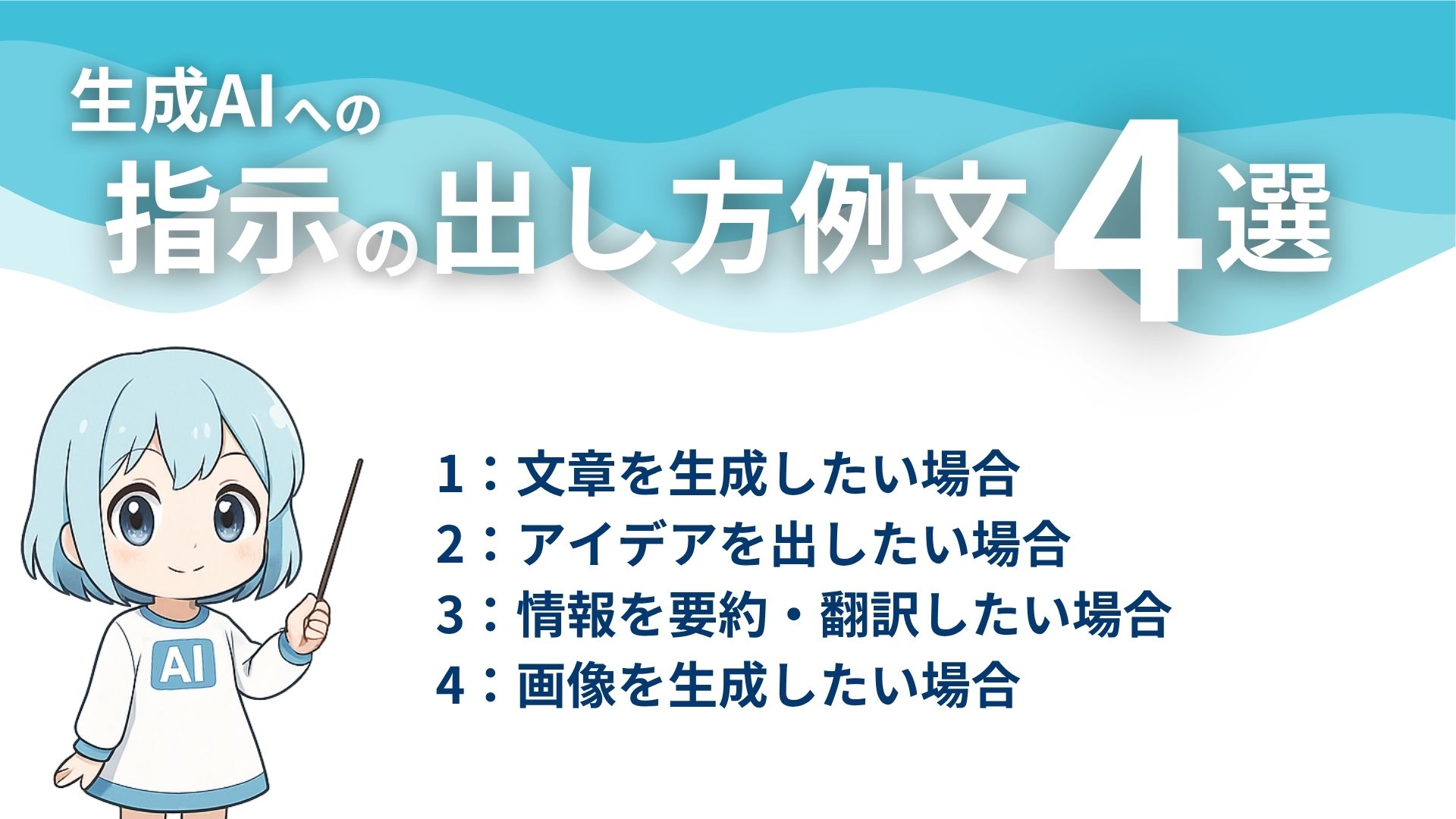 生成AIへの指示の出し方例文4選
1：文章を生成したい場合
2：アイデアを出したい場合
3：情報を要約・翻訳したい場合
4：画像を生成したい場合