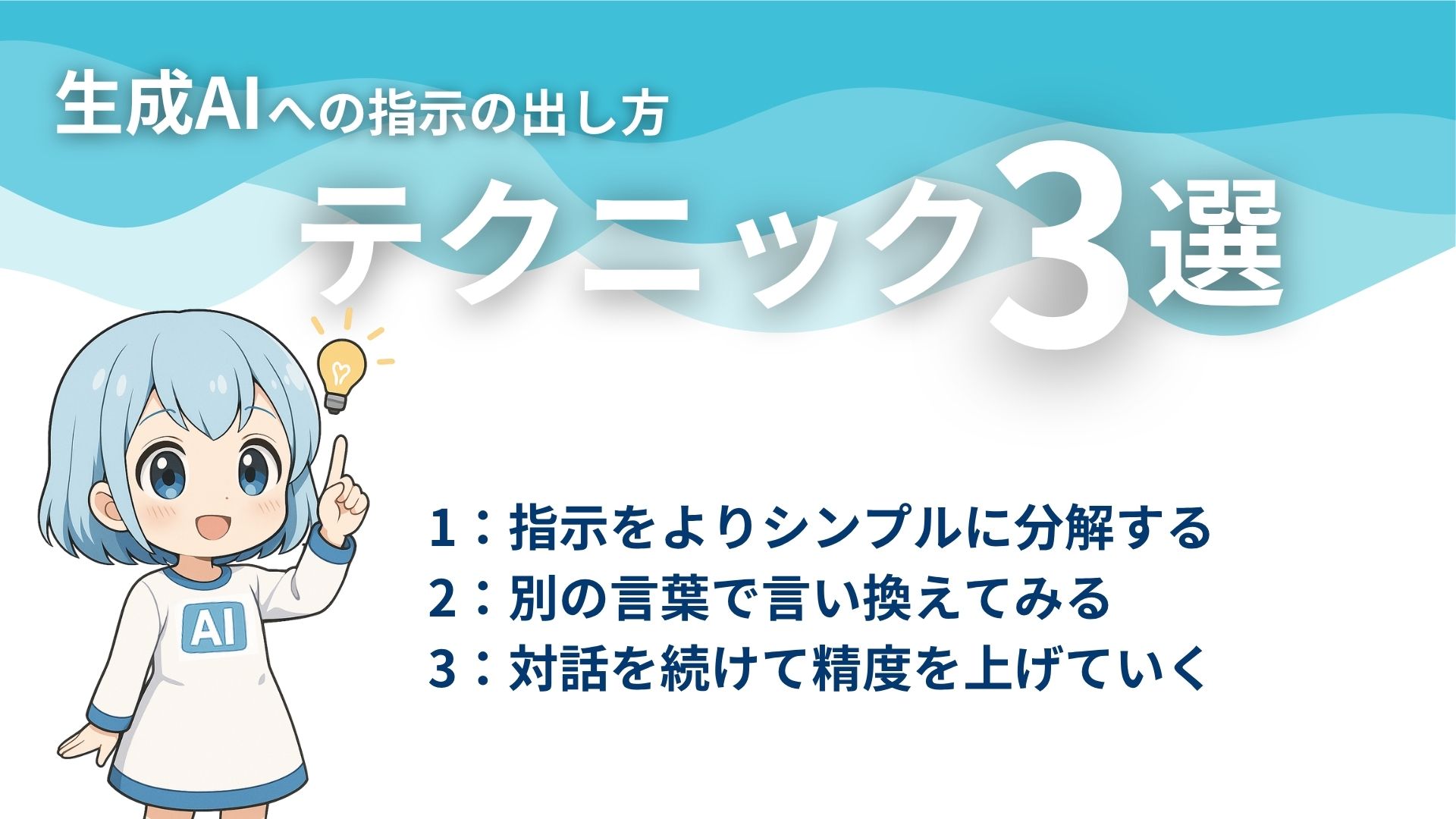 生成AIへの指示の出し方テクニック3選
1：指示をよりシンプルに分解する
2：別の言葉で言い換えてみる
3：対話を続けて精度を上げていく