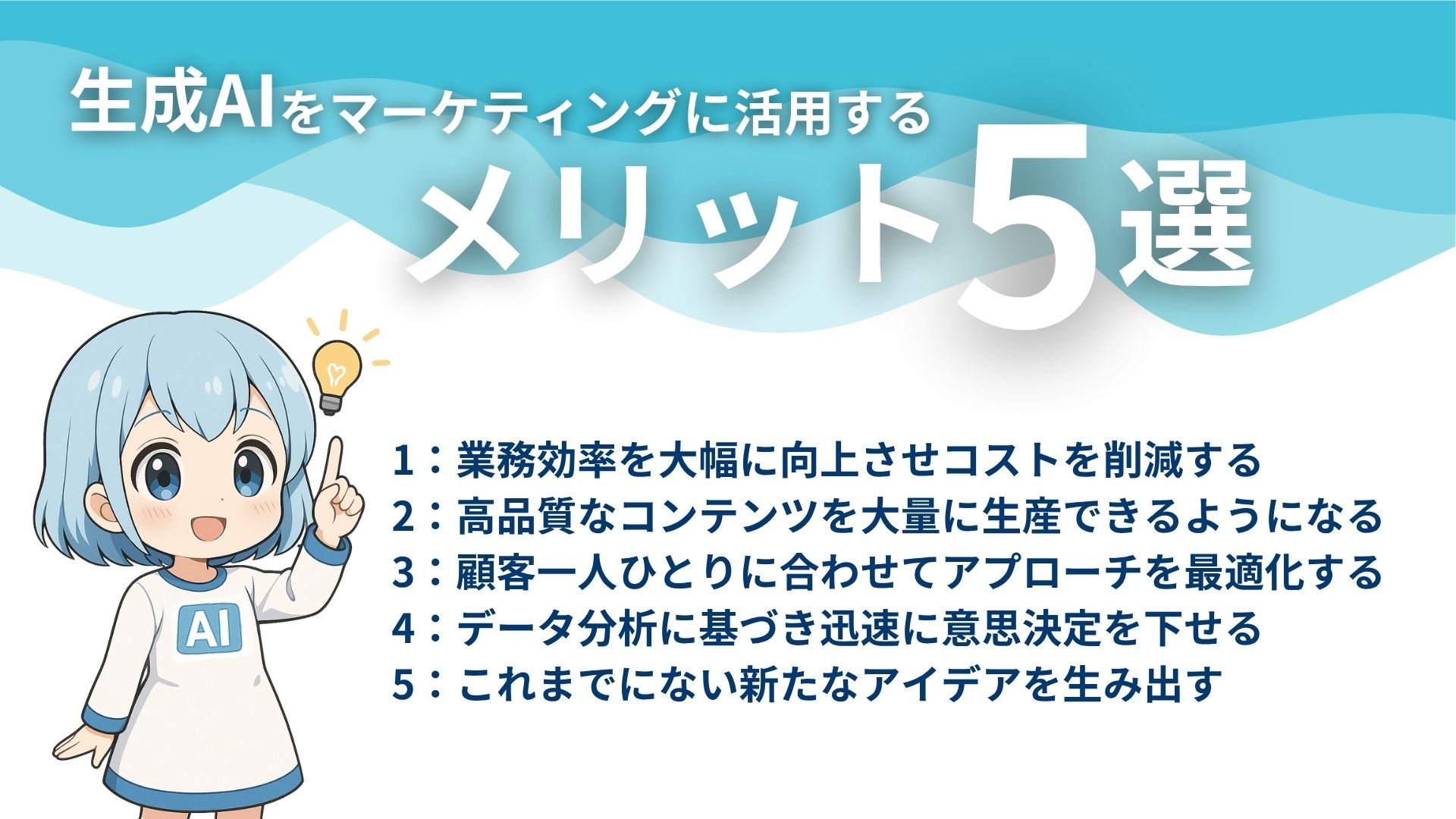 生成AIをマーケティングに活用するメリット5選
1：業務効率を大幅に向上させコストを削減する
2：高品質なコンテンツを大量に生産できるようになる
3：顧客一人ひとりに合わせてアプローチを最適化する
4：データ分析に基づき迅速に意思決定を下せる
5：これまでにない新たなアイデアを生み出す