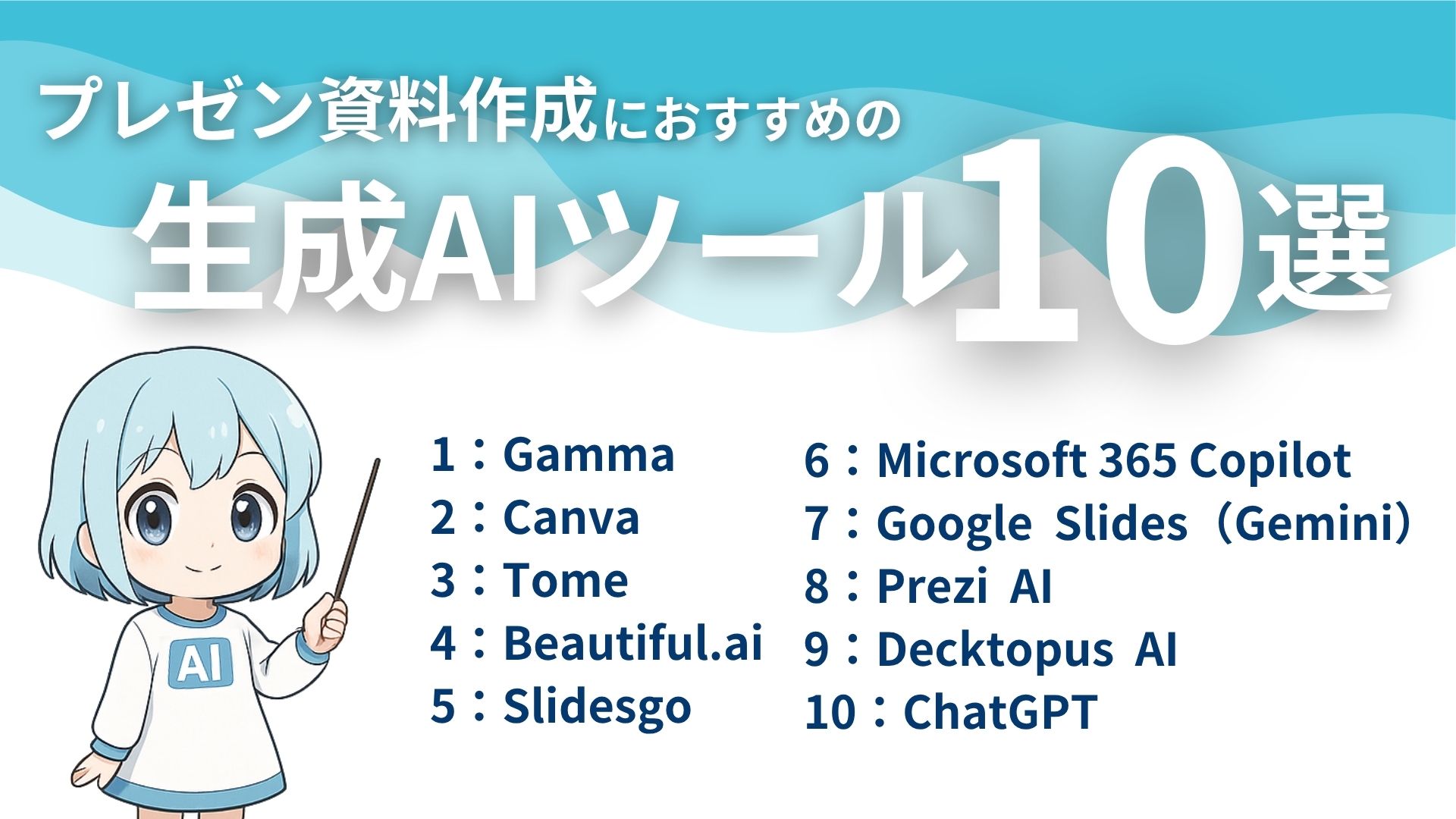 プレゼン資料作成におすすめの生成AIツール10選
1：Gamma
2：Canva
3：Tome
4：Beautiful.ai
5：Slidesgo
6：Microsoft 365 Copilot
7：Google Slides（Gemini）
8：Prezi AI
9：Decktopus AI
10：ChatGPT