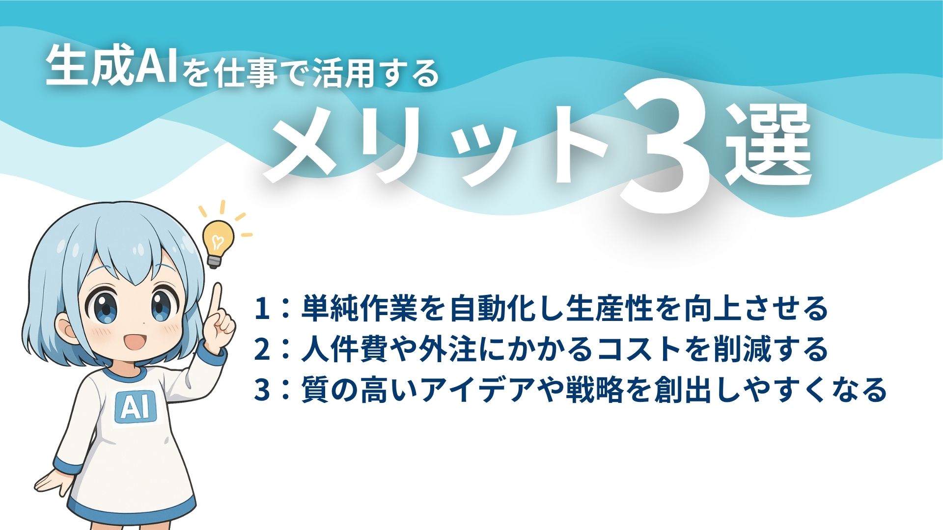 生成AIを仕事で活用するメリット3選
1：単純作業を自動化し生産性を向上させる
2：人件費や外注にかかるコストを削減する
3：質の高いアイデアや戦略を創出しやすくなる