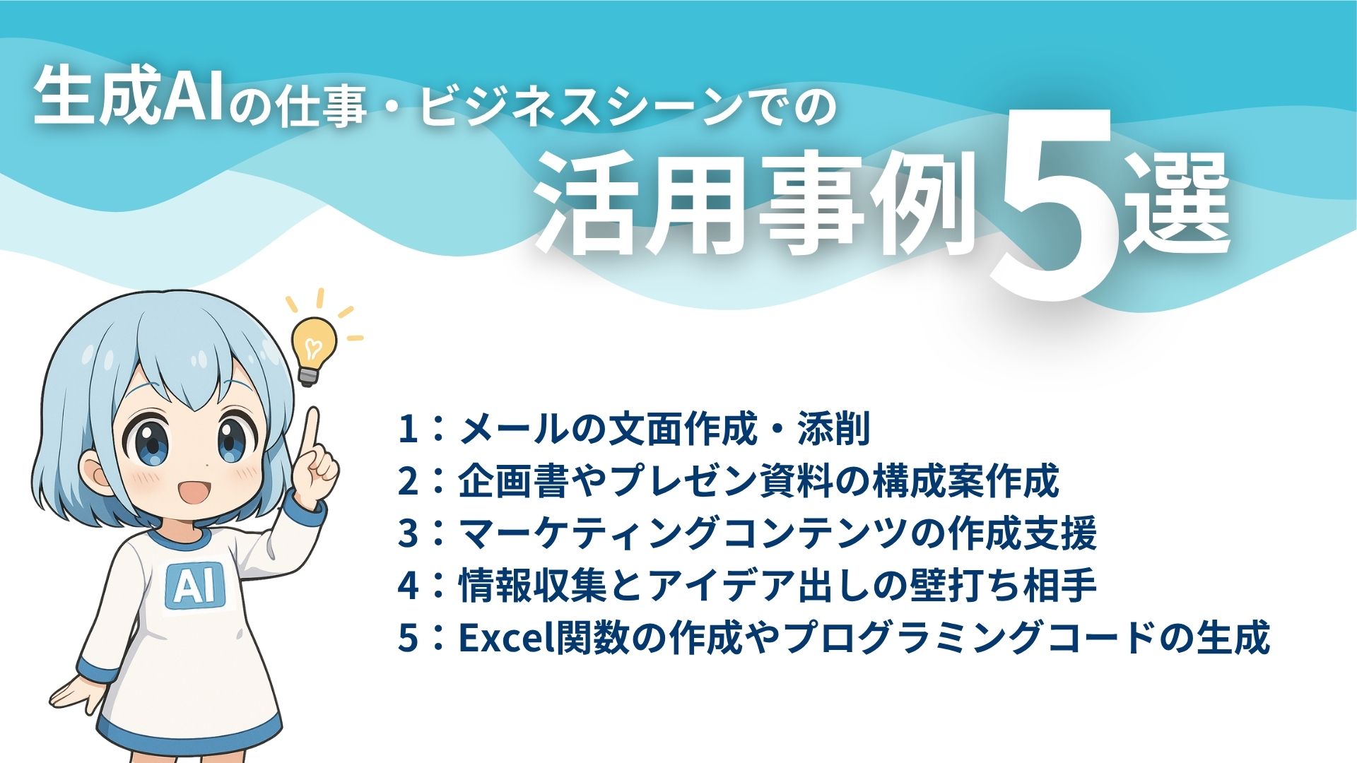 生成AIの仕事・ビジネスシーンでの活用事例5選
1：メールの文面作成・添削
2：企画書やプレゼン資料の構成案作成
3：マーケティングコンテンツの作成支援
4：情報収集とアイデア出しの壁打ち相手
5：Excel関数の作成やプログラミングコードの生成