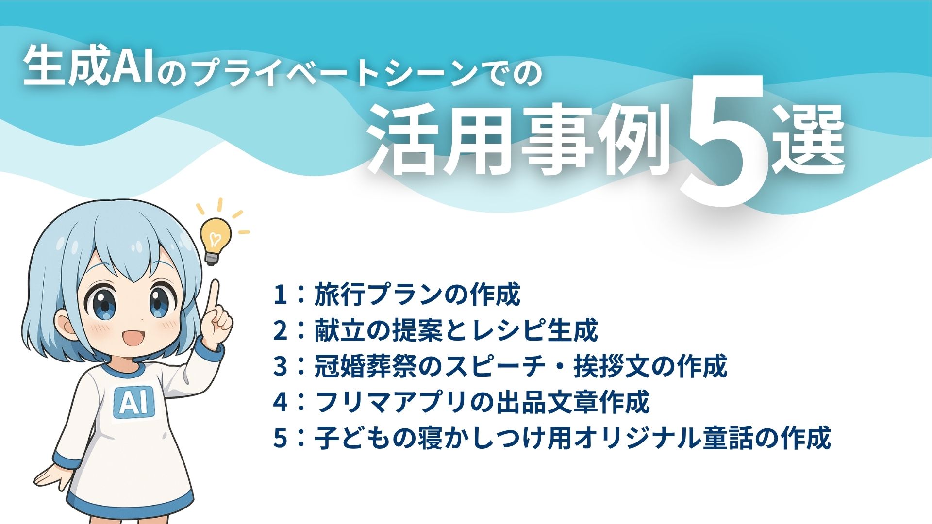 生成AIのプライベートシーンでの活用事例5選
1：旅行プランの作成
2：献立の提案とレシピ作成
3：冠婚葬祭のスピーチ・挨拶文の作成
4：フリマアプリの出品文章作成
5：子どもの寝かしつけ用オリジナル童話の作成