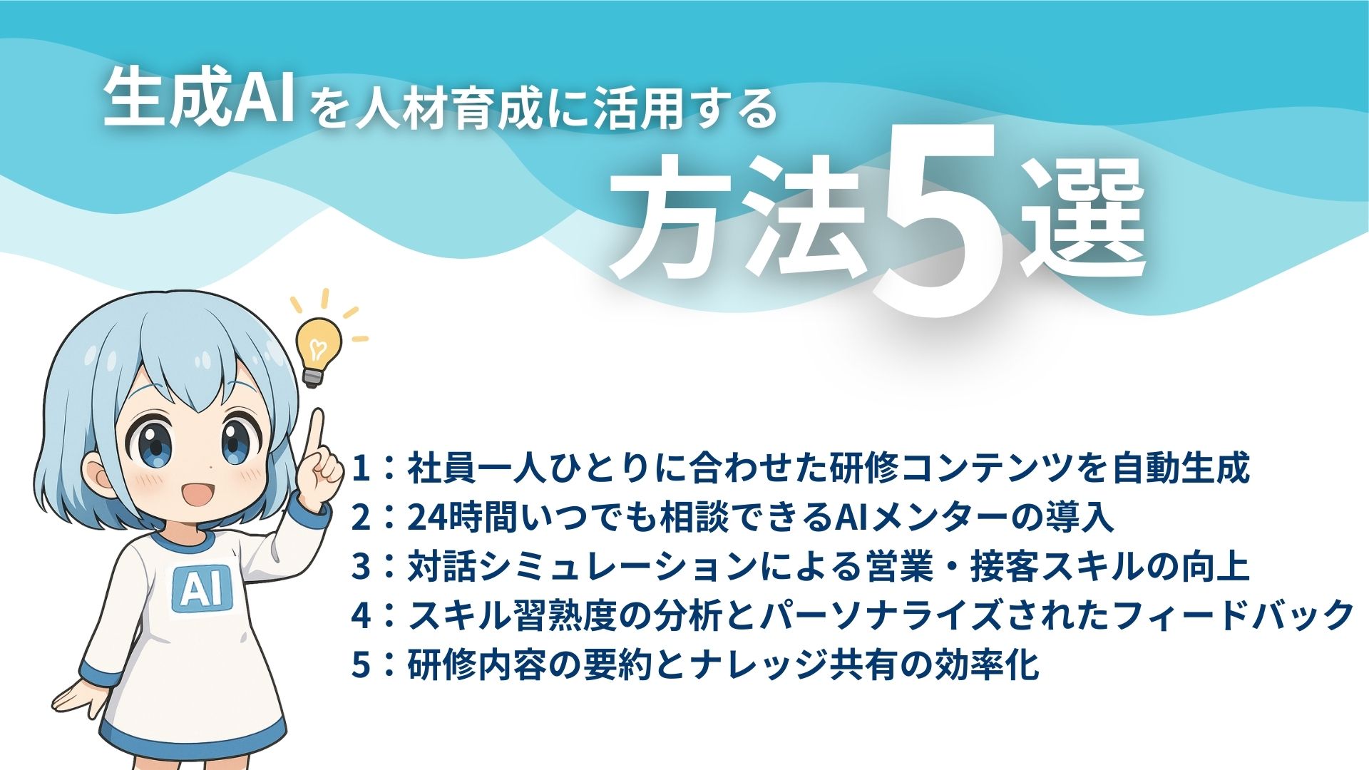 生成AIを人材育成に活用する方法5選
1：社員一人ひとりに合わせた研修コンテンツを自動生成
2：24時間いつでも相談できるAIメンターの導入
3：対話シミュレーションによる営業・接客スキルの向上
4：スキル習熟度の分析とパーソナライズされたフィードバック
5：研修内容の要約とナレッジ共有の効率化