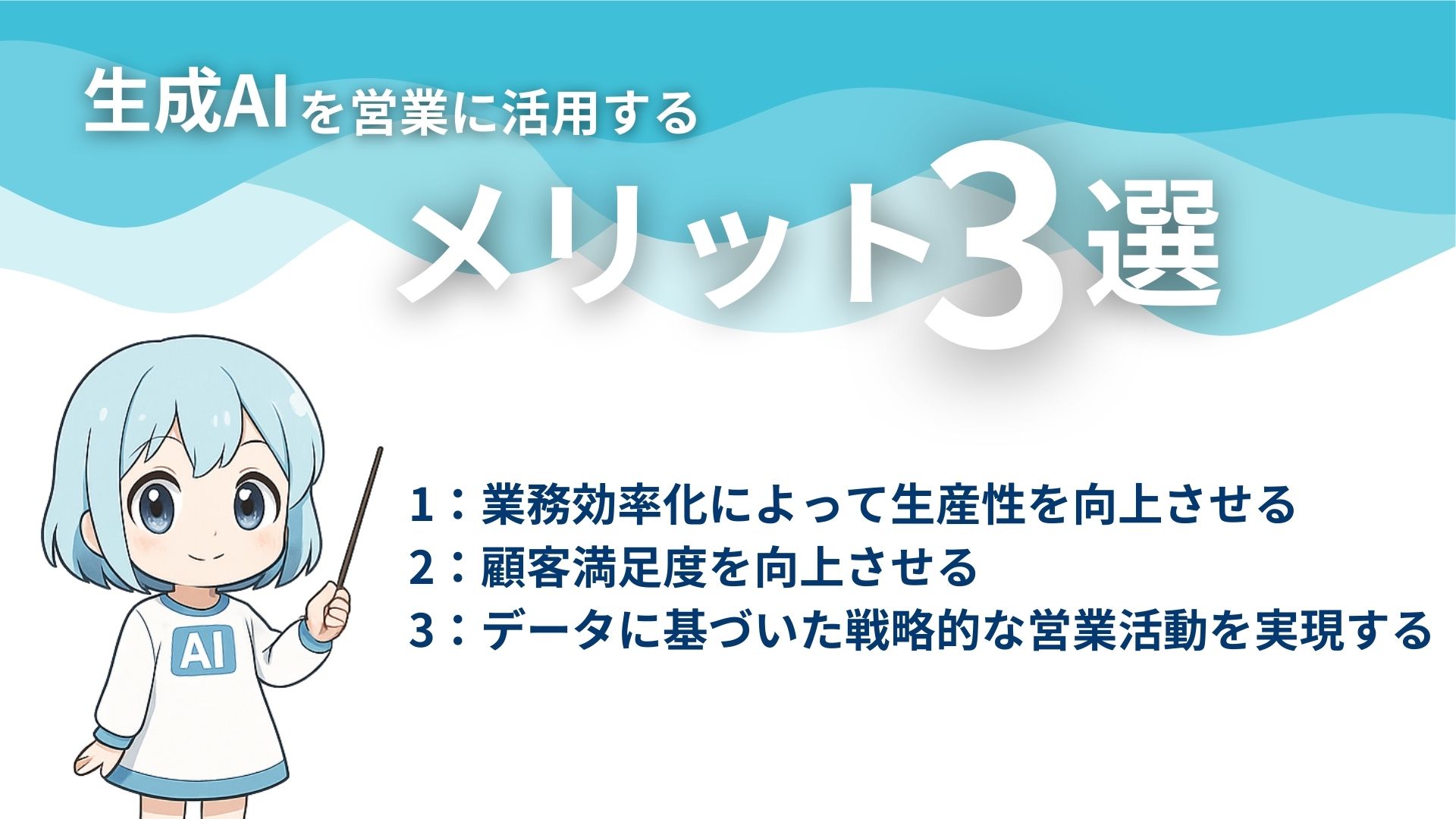 生成AIを営業に活用するメリット3選
1：業務効率化によって生産性を向上させる
2：顧客満足度を向上させる
3：データに基づいた戦略的な営業活動を実現する