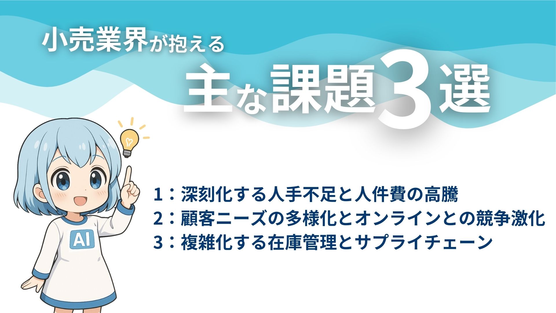 小売業界が抱える主な課題3選
1：深刻化する人手不足と人件費の高騰
2：顧客ニーズの多様化とオンラインとの競争激化
3：複雑化する在庫管理とサプライチェーン