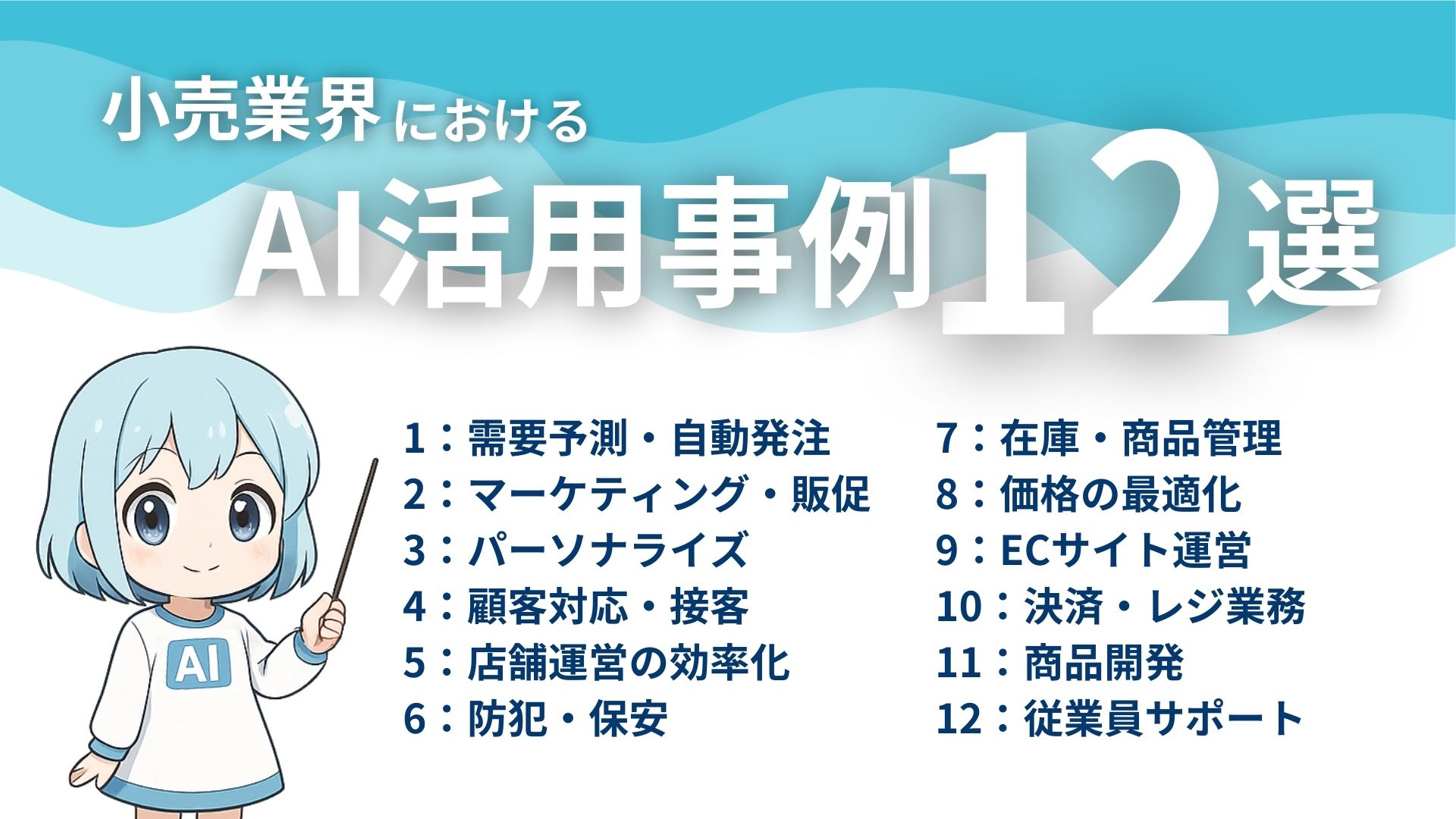 小売業界におけるAI活用事例12選
1：需要予測・自動発注
2：マーケティング・販促
3：パーソナライズ
4：顧客対応・接客
5：店舗運営の効率化
6：防犯・保安
7：在庫・商品管理
8：価格の最適化
9：ECサイト運営
10：決済・レジ業務
11：商品開発
12：従業員サポート