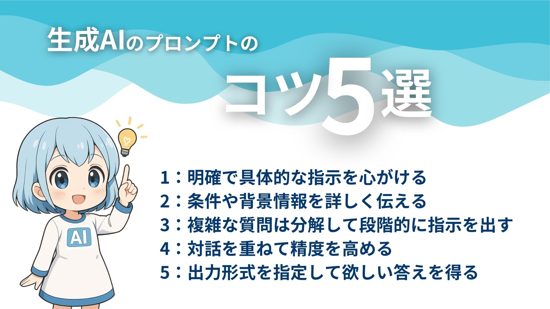 生成AIのプロンプトのコツ5選
1：明確で具体的な指示を心がける
2：条件や背景情報を詳しく伝える
3：複雑な質問は分解して段階的に指示を出す
4：対話を重ねて精度を高める
5：出力形式を指定して欲しい答えを得る
