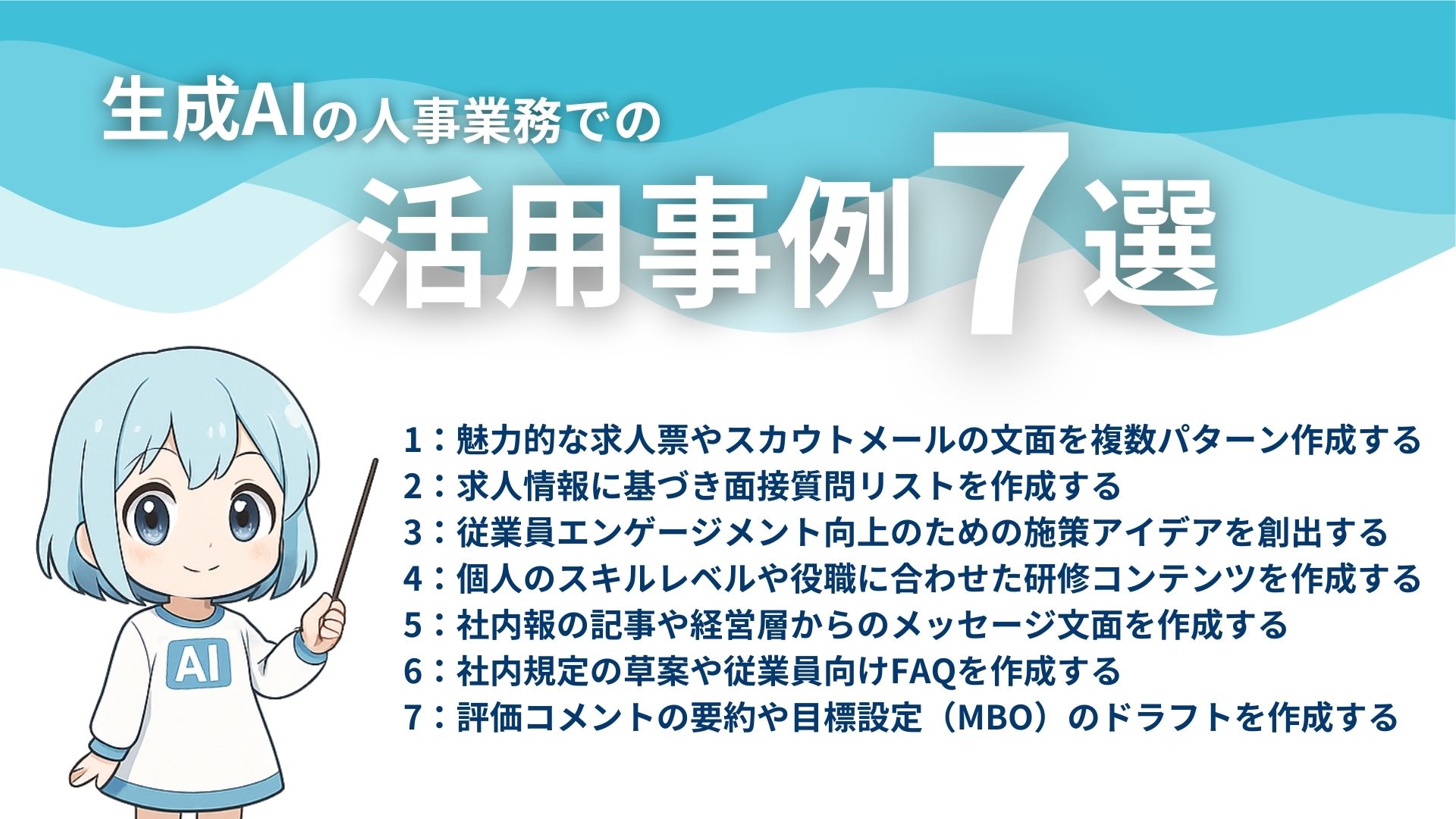 生成AIの人事業務での活用事例7選
1：魅力的な求人票やスカウトメールの文面を複数パターン作成する
2：求人情報に基づき面接質問リストを作成する
3：従業員エンゲージメント向上のための施策アイデアを創出する
4：個人のスキルレベルや役職に合わせた研修コンテンツを作成する
5：社内報の記事や経営層からのメッセージ文面を作成する
6：社内規定の草案や従業員向けFAQを作成する
7：評価コメントの要約や目標設定（MBO）のドラフトを作成する