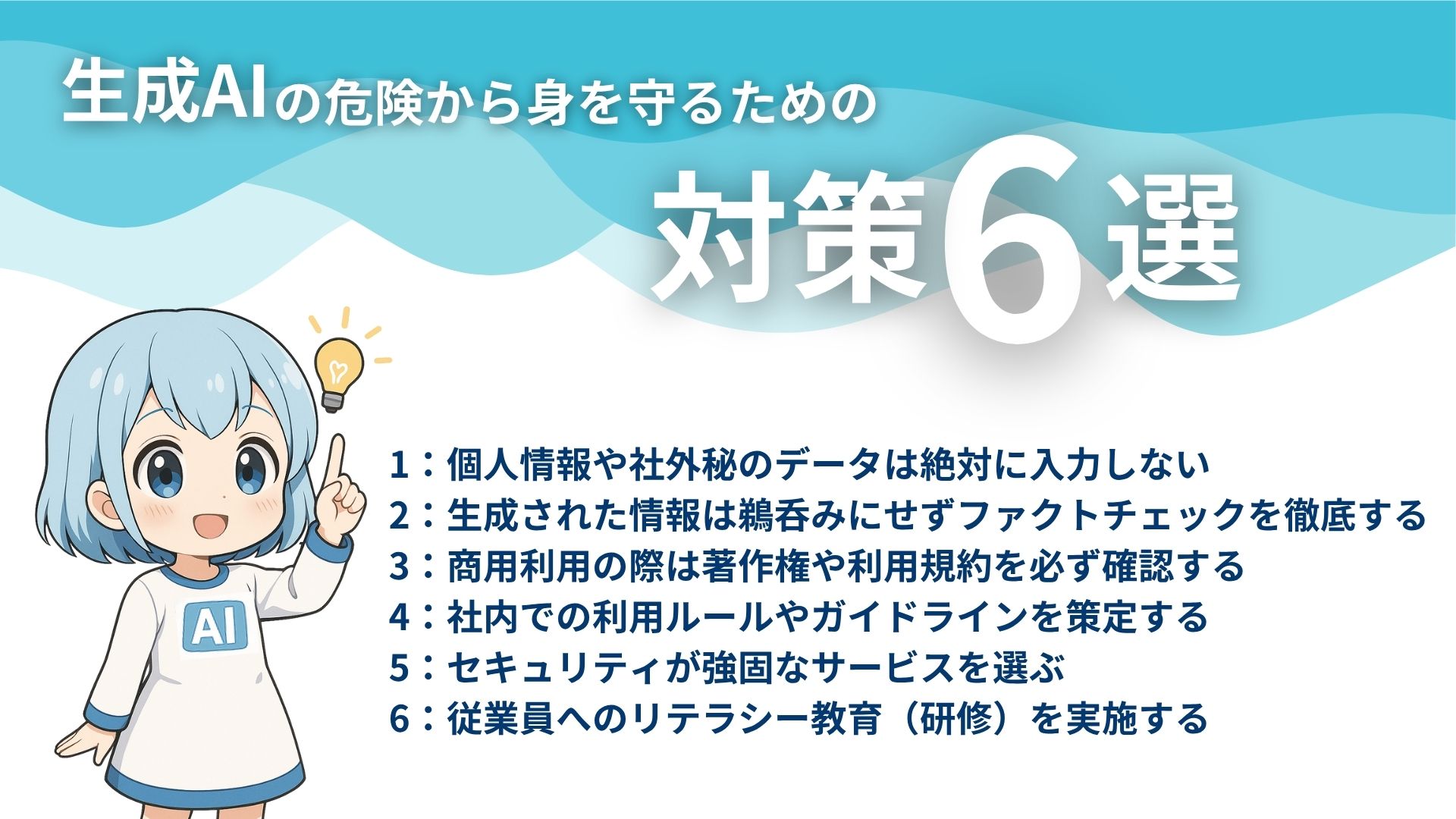 生成AIの危険から身を守るための対策6選
1：個人情報や社外秘のデータは絶対に入力しない
2：生成された情報は鵜呑みにせずファクトチェックを徹底する
3：商用利用の際は著作権や利用規約を必ず確認する
4：社内での利用ルールやガイドラインを策定する
5：セキュリティが強固なサービスを選ぶ
6：従業員へのリテラシー教育（研修）を実施する