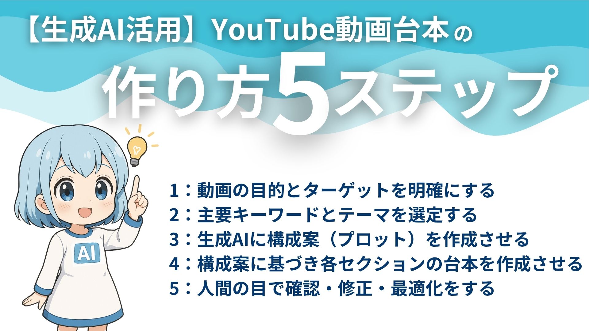【生成AI活用】YouTube動画台本の作り方5ステップ
1:動画の目的とターゲットを明確にする
2:主要キーワードとテーマを選定する
3:生成AIに構成案(プロット)を作成させる
4:構成案に基づき各セクションの台本を作成させる
5:人間の目で確認・修正・最適化をする