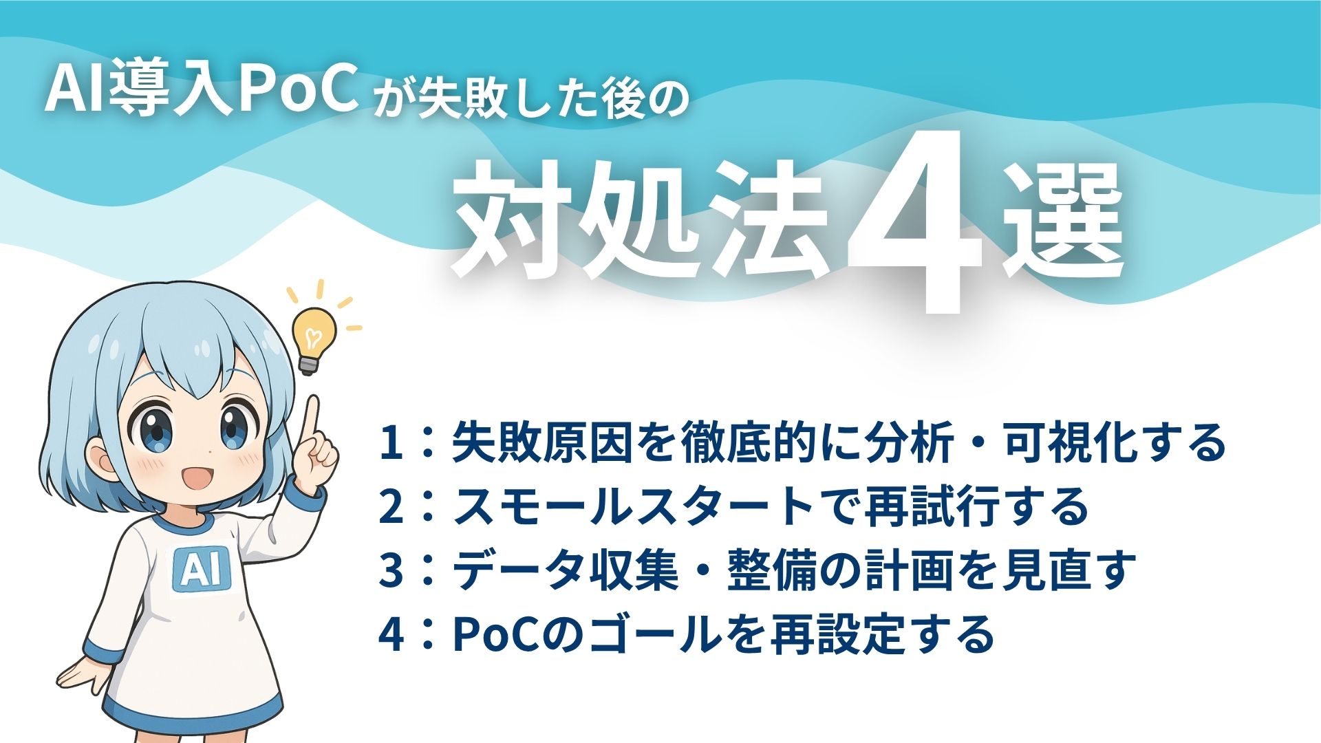 AI導入PoCが失敗した後の対処法4選
1：失敗原因を徹底的に分析・可視化する
2：スモールスタートで再試行する
3：データ収集・整備の計画を見直す
4：PoCのゴールを再設定する