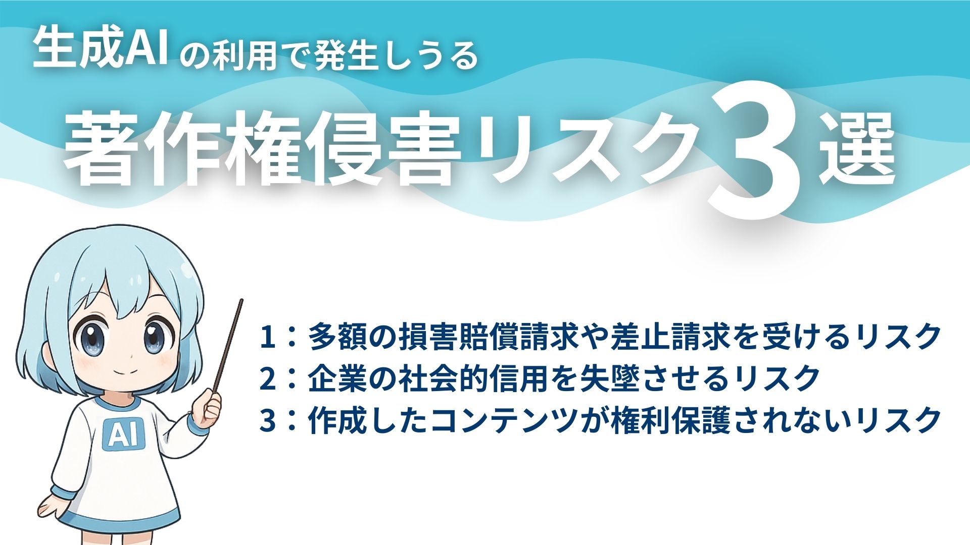 生成AIの利用で発生しうる著作権侵害リスク3選
1：多額の損害賠償請求や差止請求を受けるリスク
2：企業の社会的信用を失墜させるリスク
3：作成したコンテンツが権利保護されないリスク