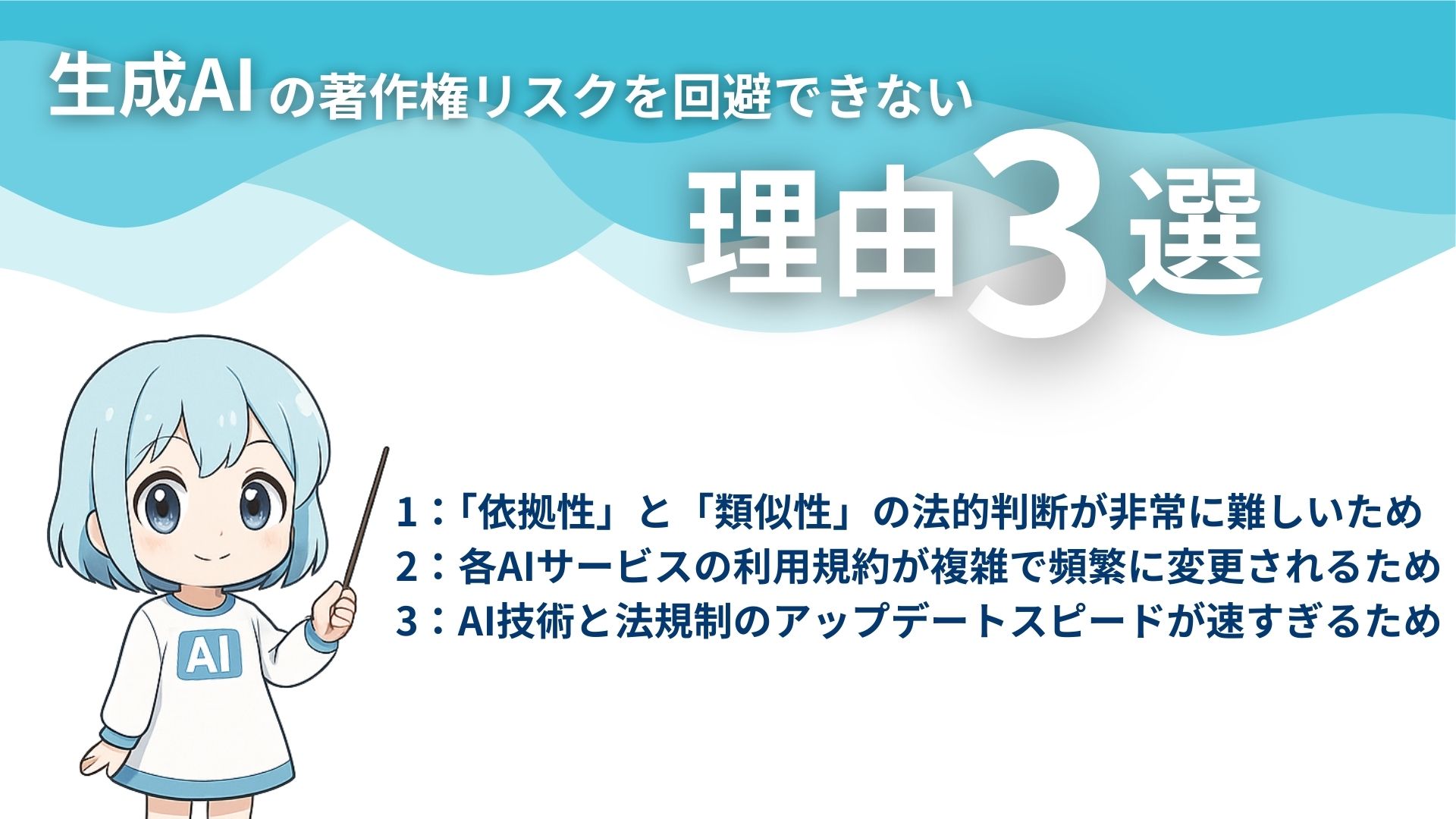 生成AIの著作権リスクを回避できない理由3選
1：「依拠性」と「類似性」の法的判断が非常に難しいため
2：各AIサービスの利用規約が複雑で頻繁に変更されるため
3：AI技術と法規制のアップデートスピードが速すぎるため